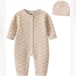 Beige Heart Pattern Baby Onesie and Hat Set